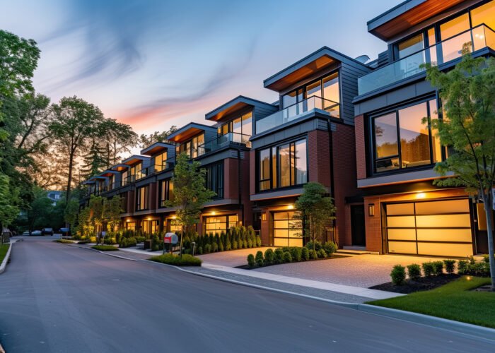row-townhouses-dusk-residential-home-modern-development-modern-building